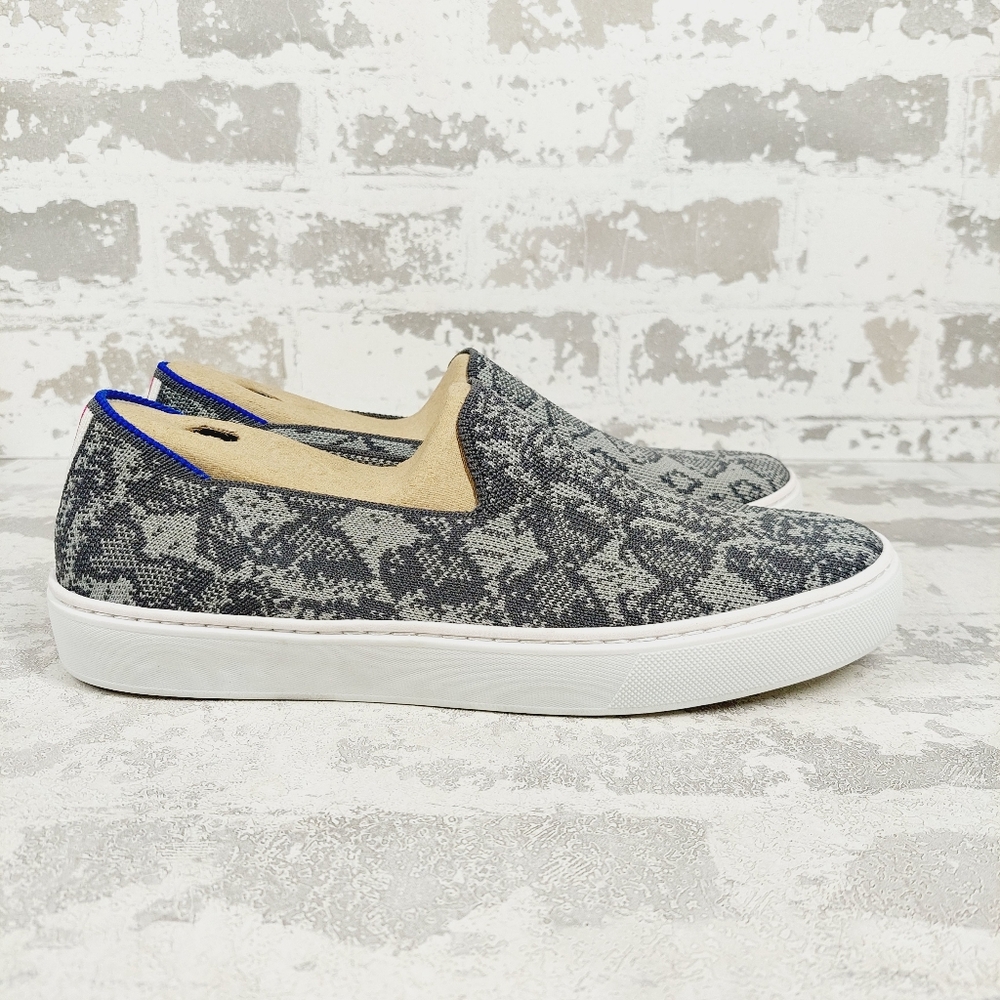 Rothy's Gray Patterned Slip-On Sneakers with Tan Collar and Blue Trim - Picture 3 of 9